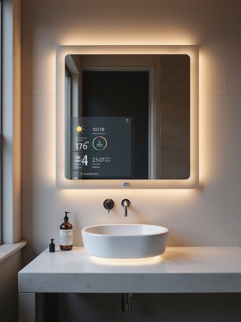 Modern bathroom with a sleek smart mirror displaying digital information and integrated lighting above a minimalist vanity