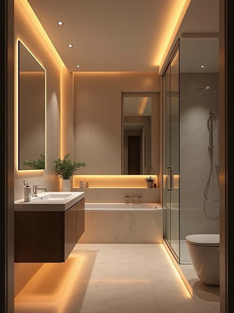 Modern bathroom illuminated with dimmable LED lighting and motion sensors, featuring recessed lights, LED vanity mirror, and ambient strip lighting