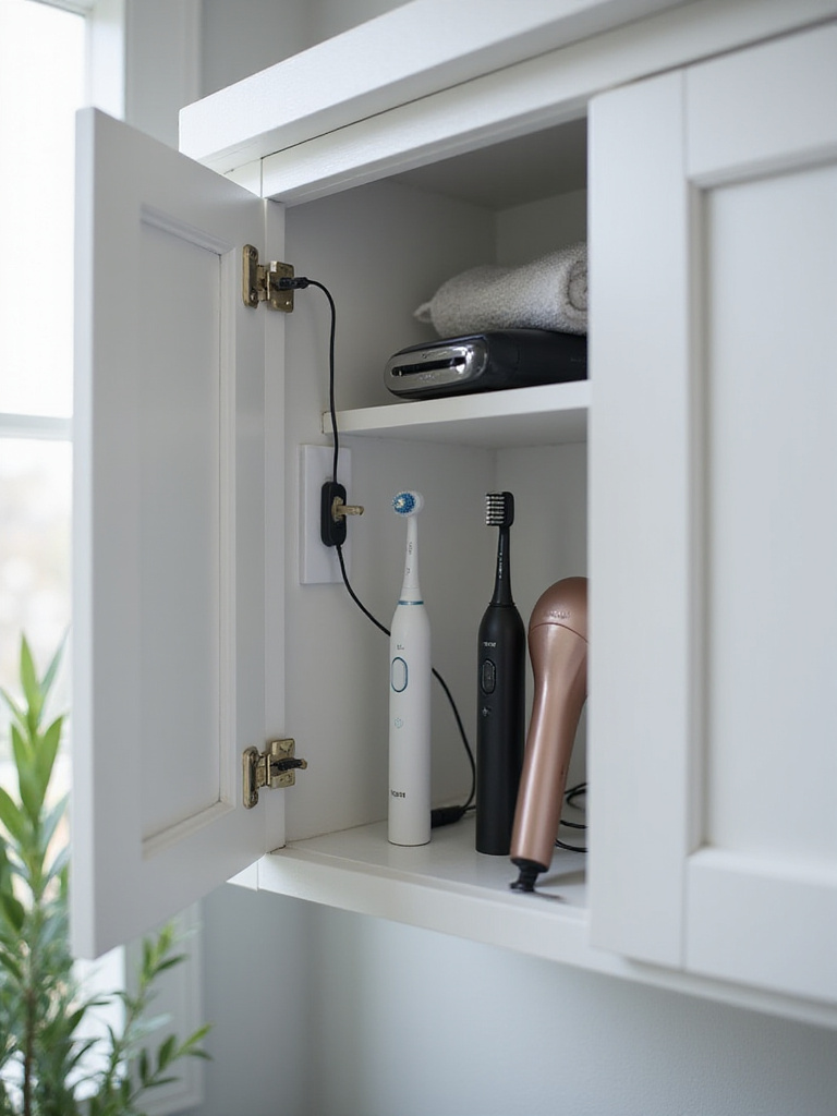Open bathroom cabinet with in-cabinet power outlets charging multiple appliances neatly