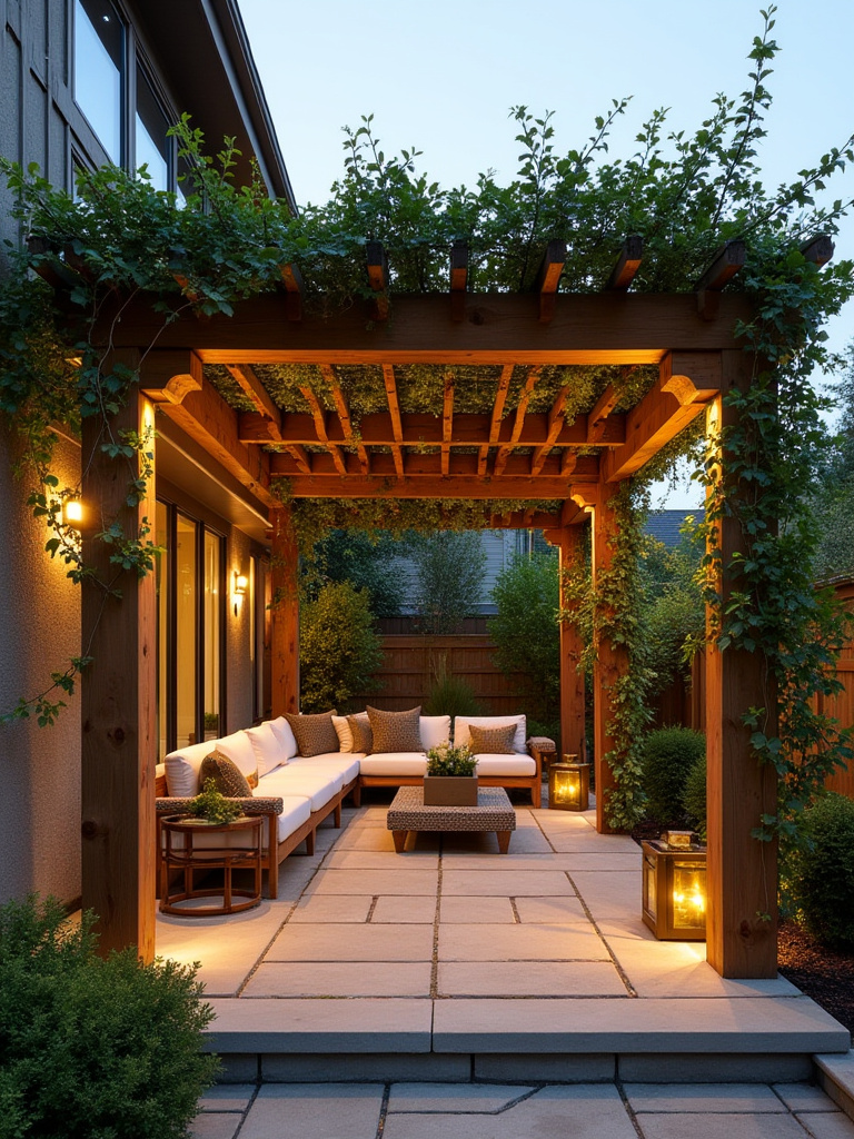 Modern wooden pergola with climbing vines providing stylish shade over a patio seating area during golden hour