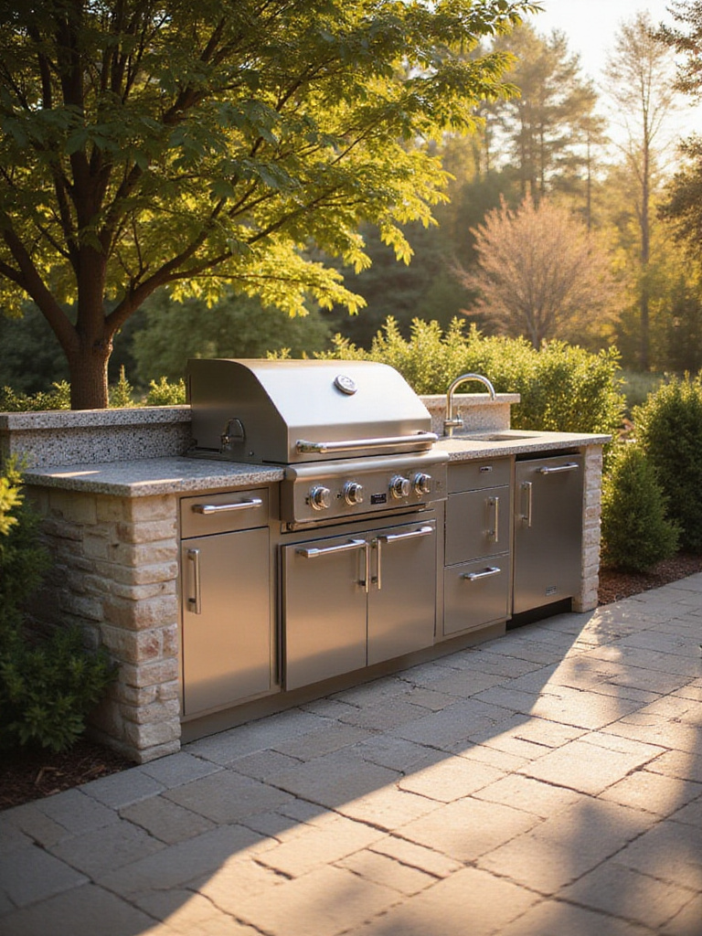 Modern outdoor kitchenette with built-in grill, granite countertops, and sink on a patio at golden hour