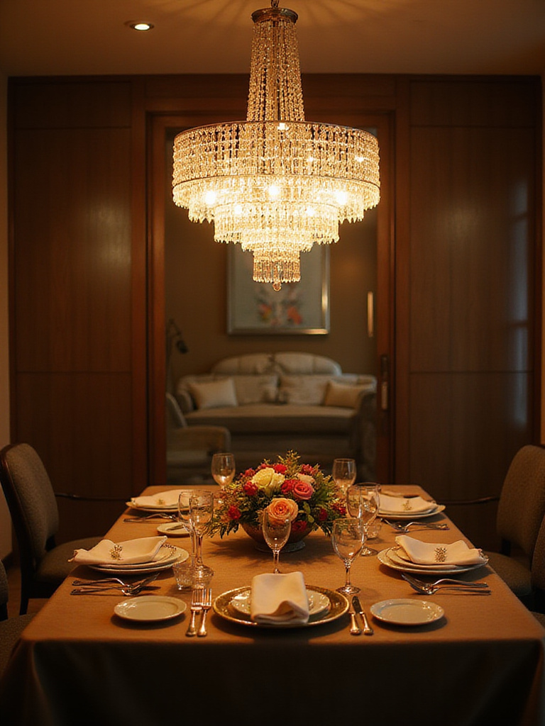 Elegant dining room with chandelier and table settings