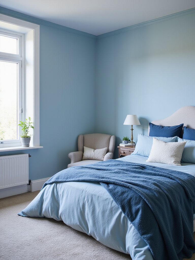 Serene bedroom featuring an analogous color scheme with soft blue walls and rich bedding textures.