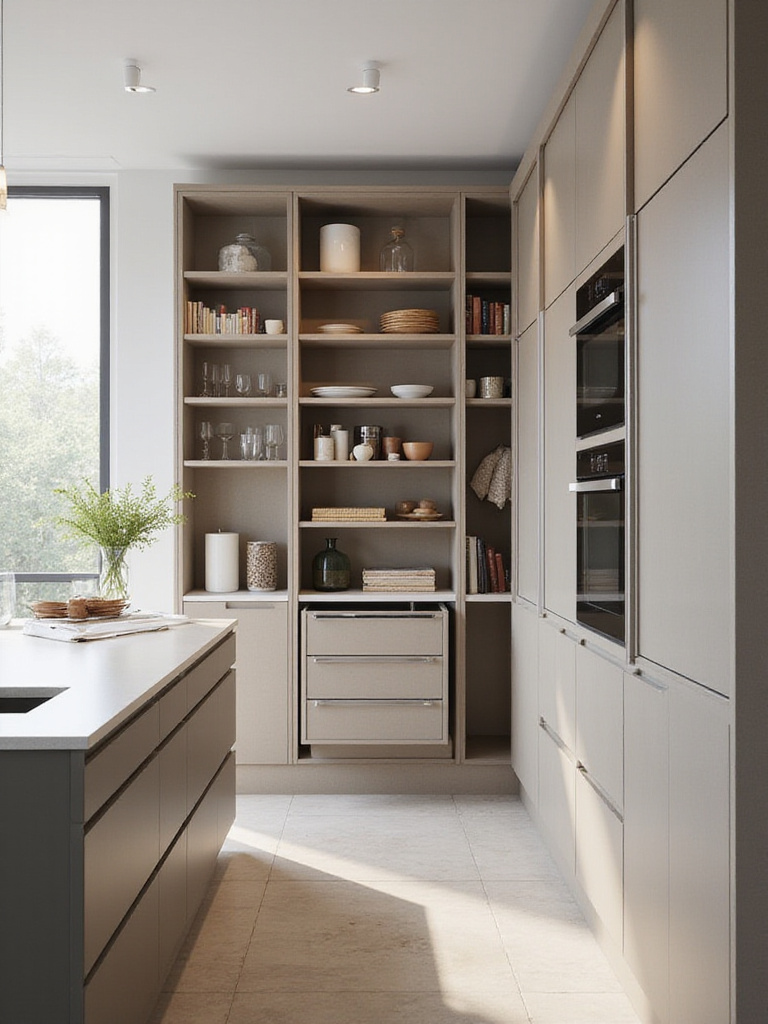 Modern kitchen with integrated closed storage solutions for a clutter-free look.
