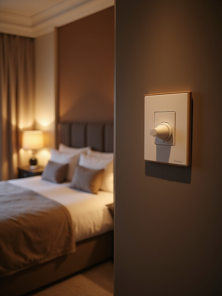 Bedroom with dimmer switch and soft ambient lighting.
