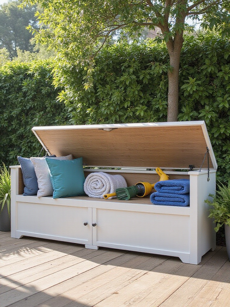 Multi-functional weather-resistant storage bench on a modern patio, neatly organizing cushions and outdoor essentials