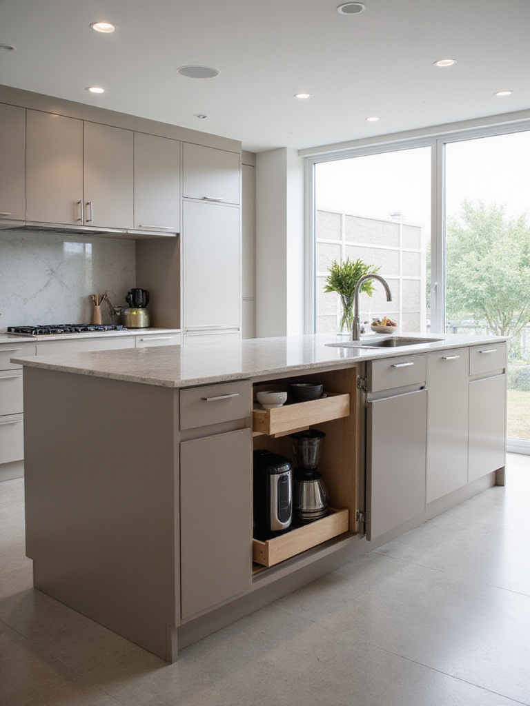 Modern kitchen island with a sleek hidden appliance garage partially open showing stored appliances and clutter-free countertops
