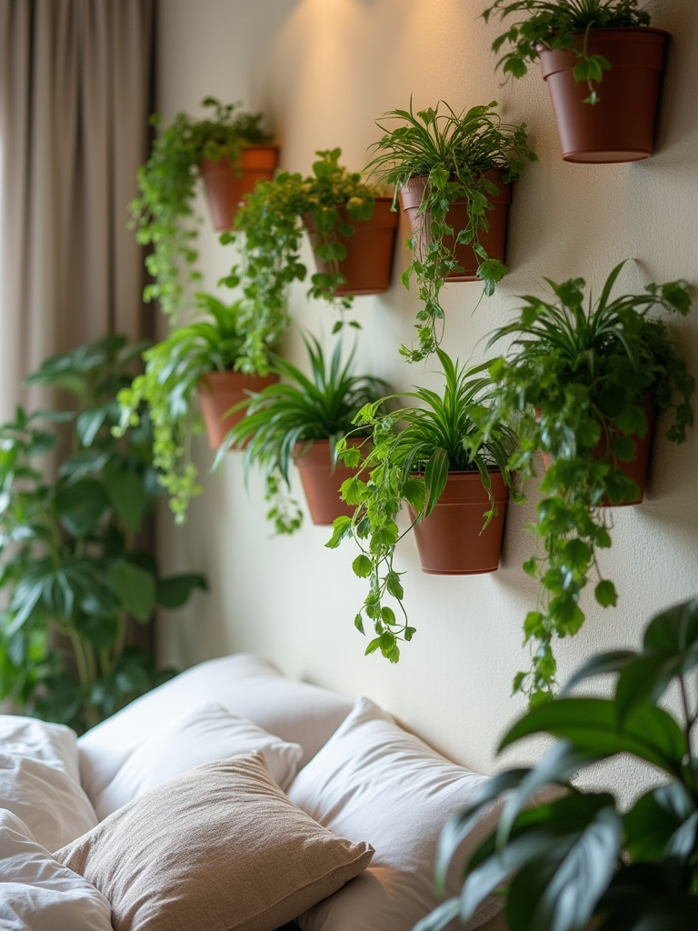 Bedroom wall with mounted planters and indoor plants