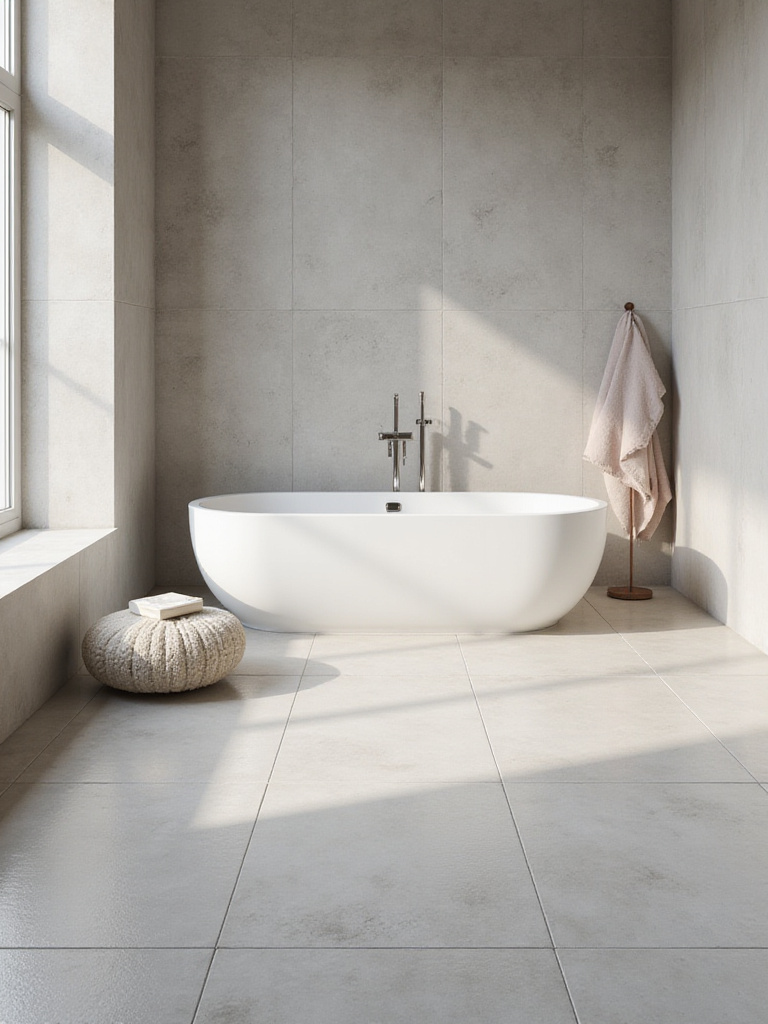 Modern bathroom with large-format seamless tiles on floor and walls creating an expansive and sleek look