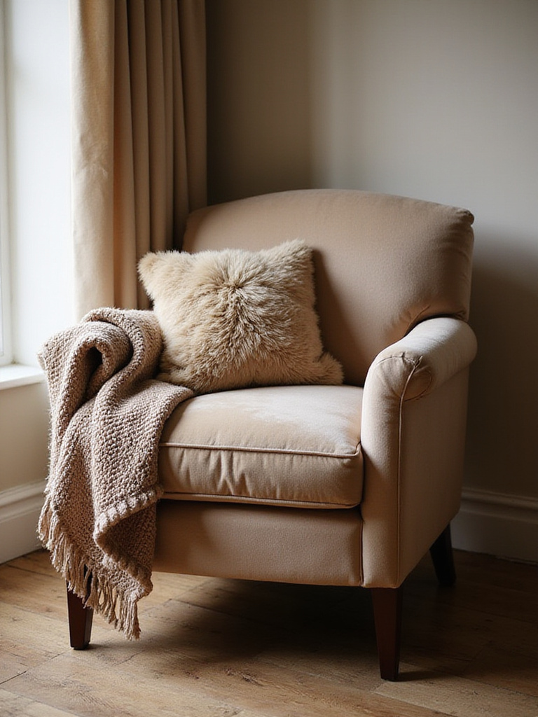 Living room chair decorated with plush velvet cushion, chunky knit throw, and faux fur pillow showcasing inviting soft textiles