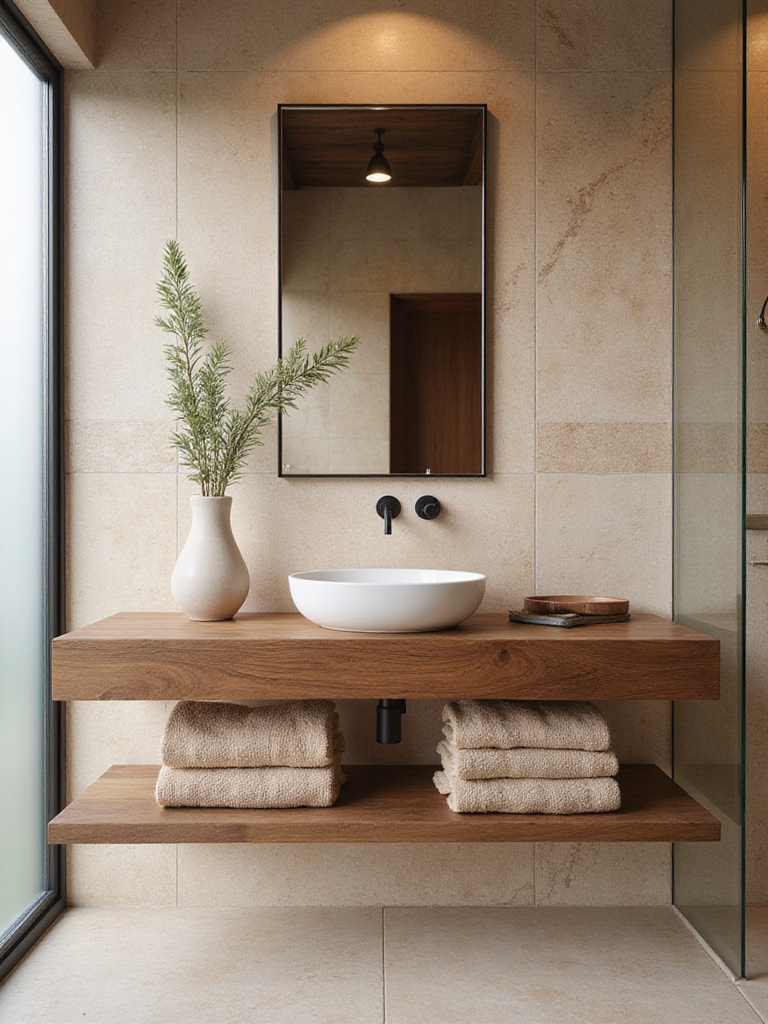 Modern bathroom with floating teak vanity, travertine stone tiles, and natural textures creating organic warmth