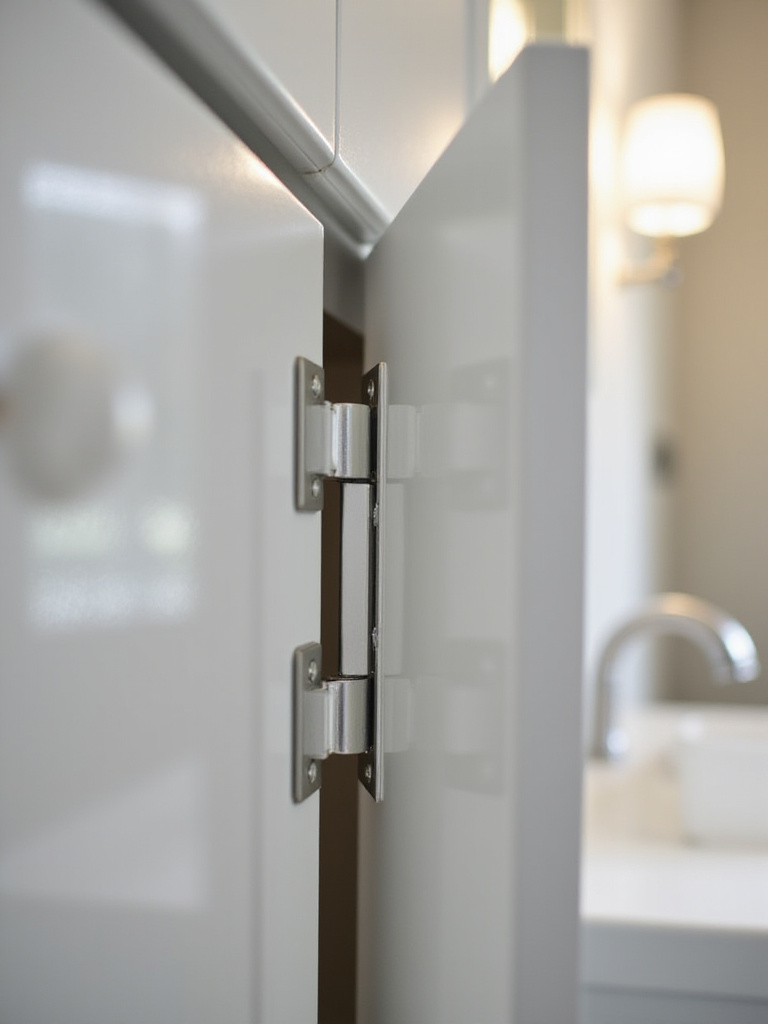 Close-up of a bathroom cabinet door with soft-close hinges in a modern bathroom setting, highlighting smooth and quiet door operation