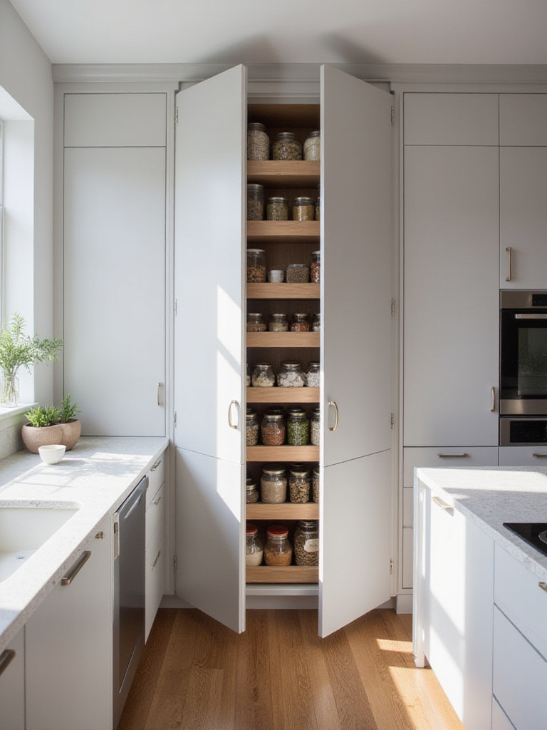 Modern kitchen with integrated tall pantry cabinet featuring organized pull-out shelves and bulk storage containers