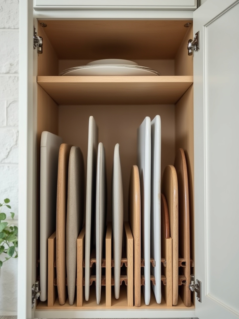 Vertical dividers organizing baking sheets and platters inside a kitchen cabinet