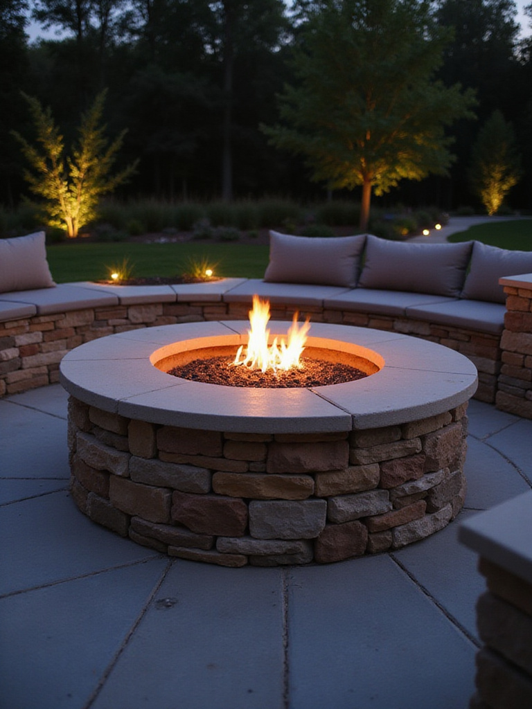 Built-in fire pit with natural stone and built-in seating on a modern patio at dusk
