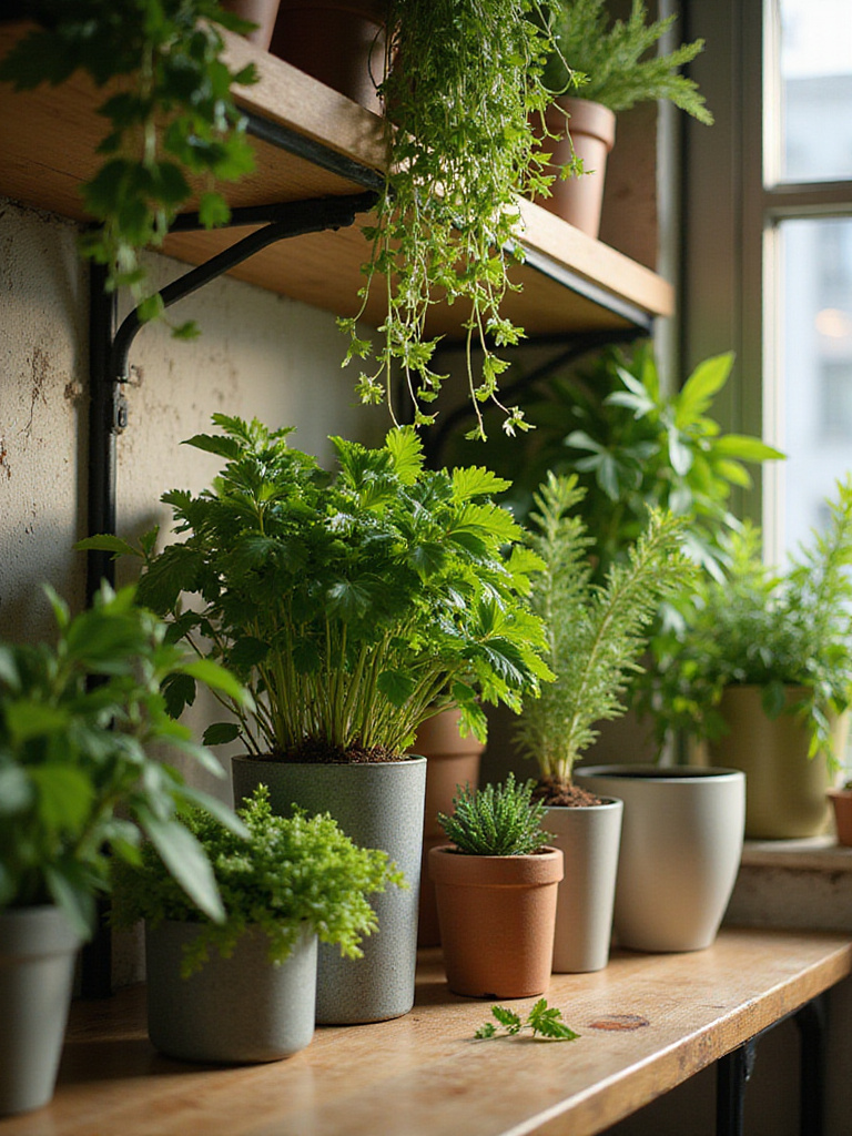 A vibrant kitchen shelf decorated with fresh herbs and greenery in stylish pots.