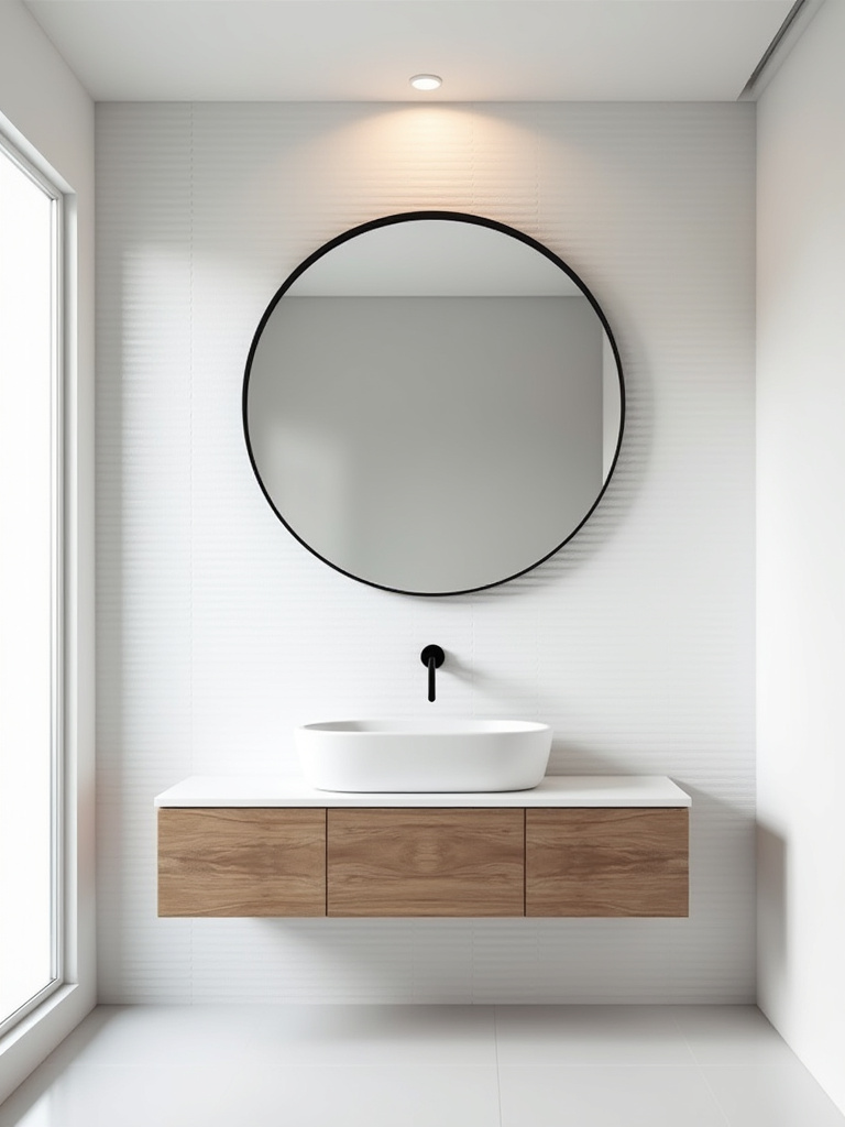 Modern bathroom with single bold accent oversized circular matte black framed mirror above floating wood vanity