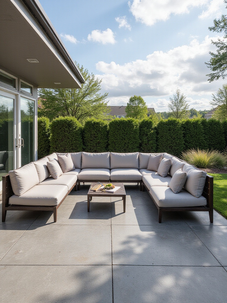 Modern outdoor patio with durable weather-resistant furniture in natural daylight, no people