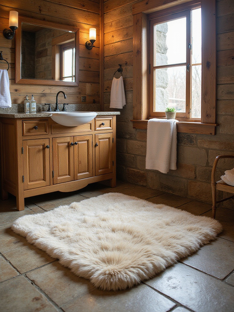 Rustic bathroom with luxurious cream faux fur bath mat in front of wooden vanity and stone floor