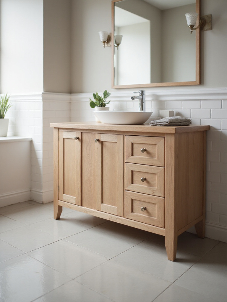 Well-maintained bathroom cabinet with polished finish illuminated by natural light