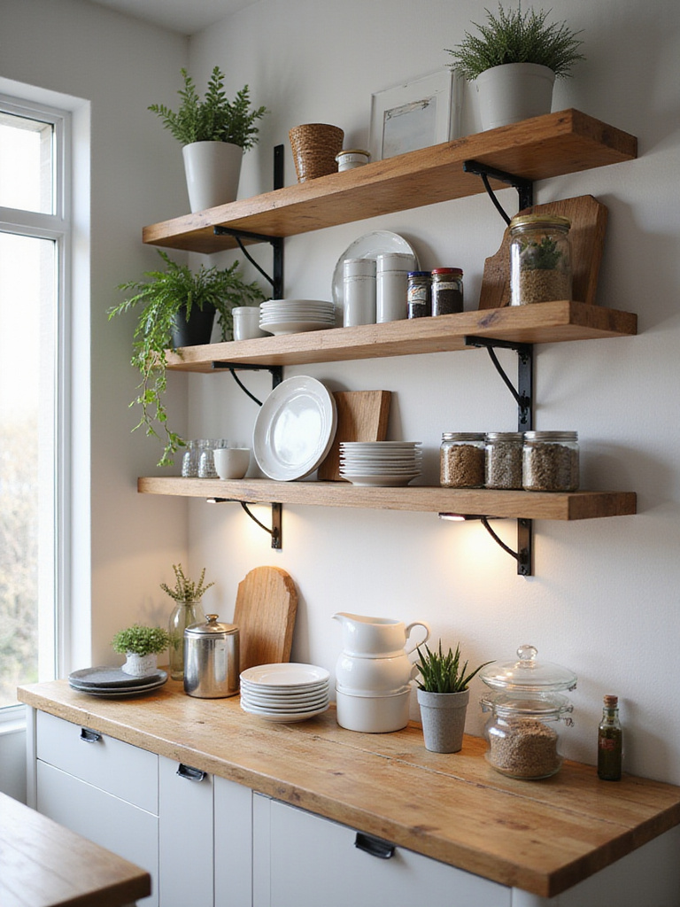 Modern kitchen with wooden open shelving displaying plates, mugs, spices, and decorative plants under soft natural and LED lighting