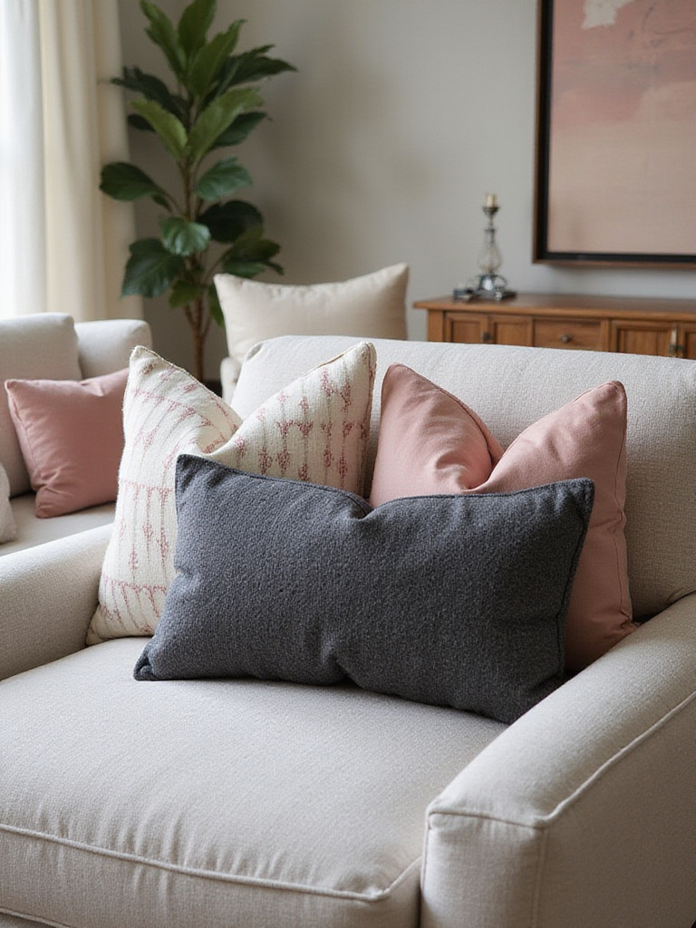 Accent chair with a masterful pillow arrangement featuring layered charcoal, blush pink, and velvet pillows in a stylish living room