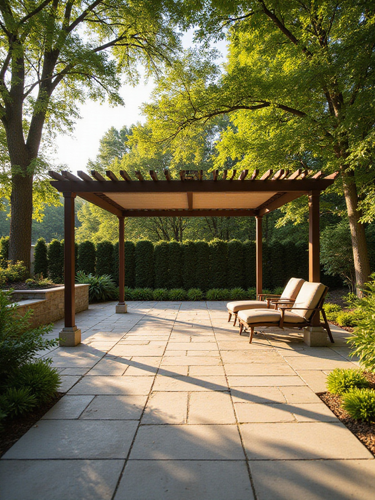Well-designed patio with balanced sunlight, shaded pergola, and privacy greenery during golden hour
