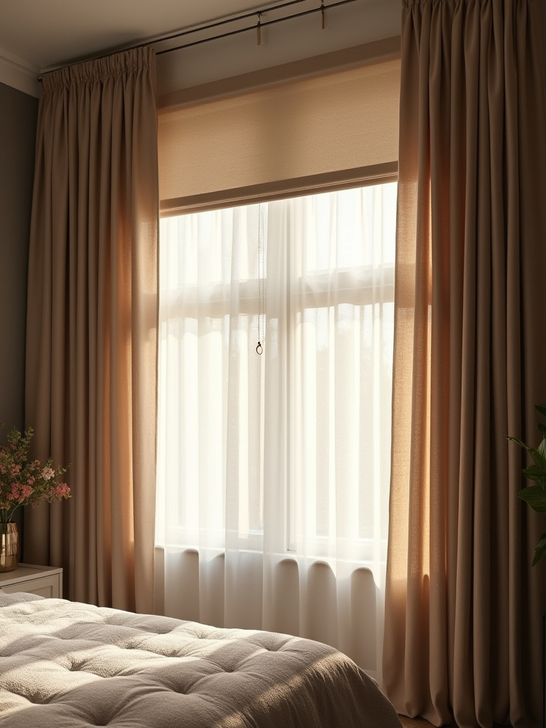 Apartment bedroom window featuring blackout roller shades and sheer curtains for privacy and light control