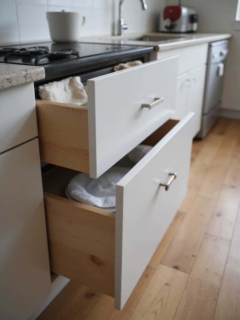 Top-down view of a kitchen drawer with custom bamboo cutlery and utensil organizer neatly arranging knives, forks, spoons, and spatulas