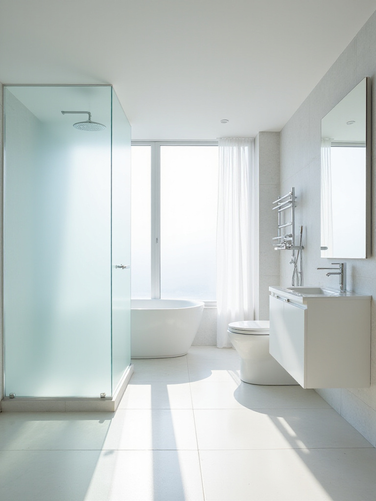 Modern bathroom with large frosted glass windows and reflective surfaces maximizing natural light for a bright and airy space