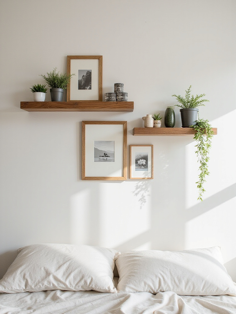 Styled floating shelves in a bedroom showcasing decorative items and plants.