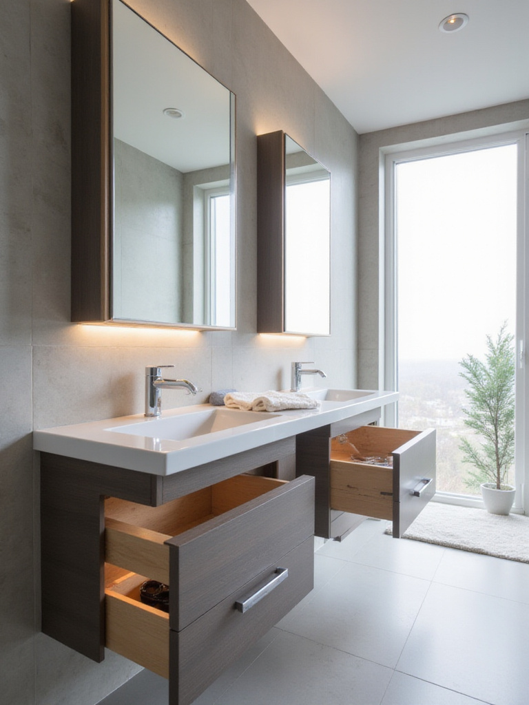 Modern bathroom with concealed storage, floating vanity, and hidden compartments showcasing clean and minimalist design