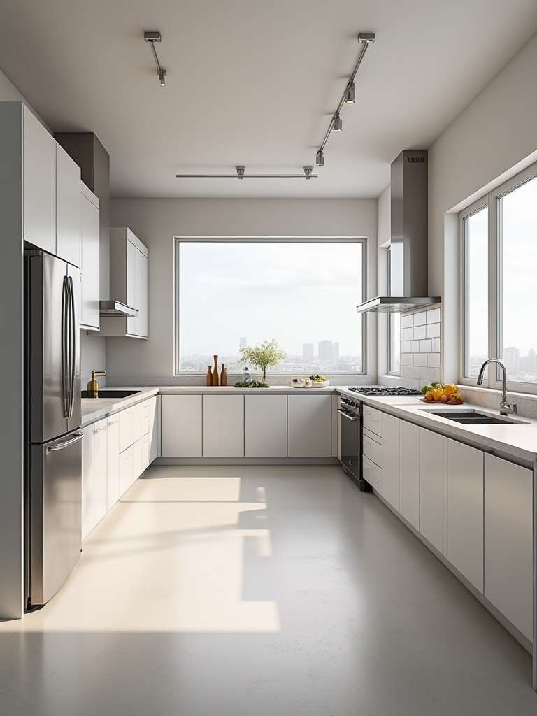 Modern kitchen with optimized cabinet placement ensuring seamless workflow and clear traffic flow, no people