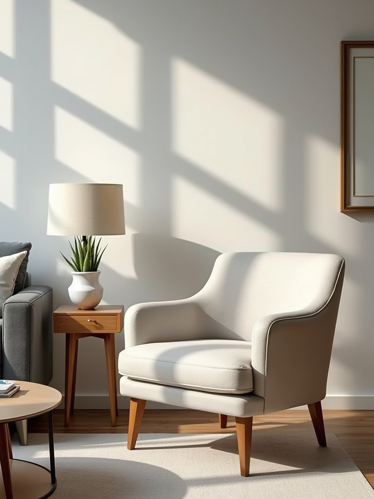 Optimally scaled living room accent chair integrated seamlessly with surrounding furniture in a well-lit corner