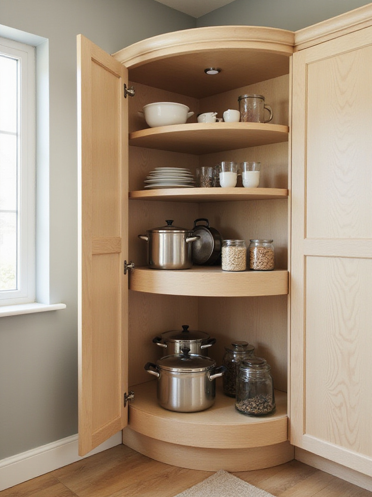 Open corner kitchen cabinet featuring a smart Lazy Susan rotating shelf system with organized pots and pans inside