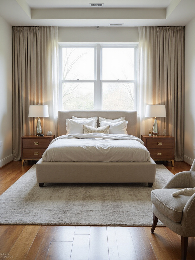Optimized bedroom furniture placement with clear pathways and natural light