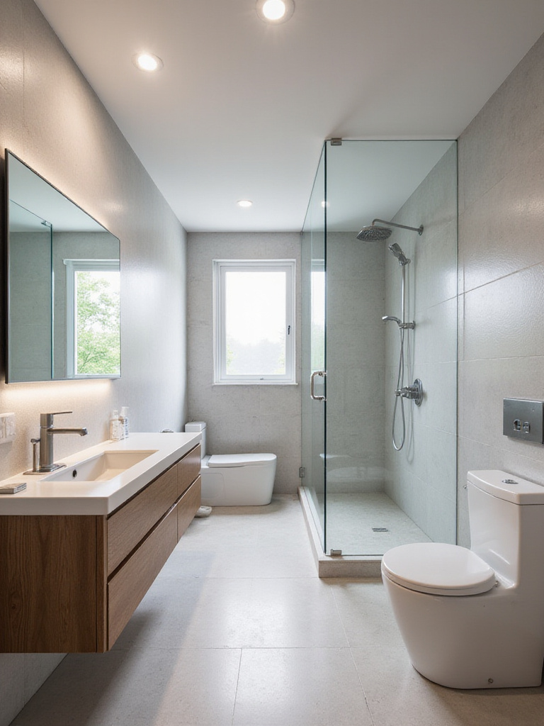 Modern bathroom with optimized spacious and practical layout featuring floating vanity and walk-in shower