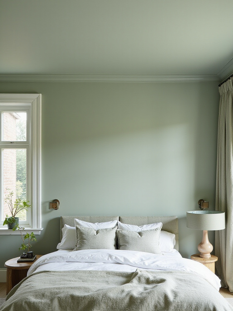 Bedroom with strategically painted ceiling in soft sage green, emphasizing height