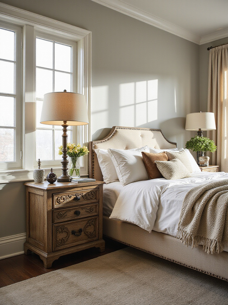 Elegant bedroom with stylish nightstands and soft natural lighting.