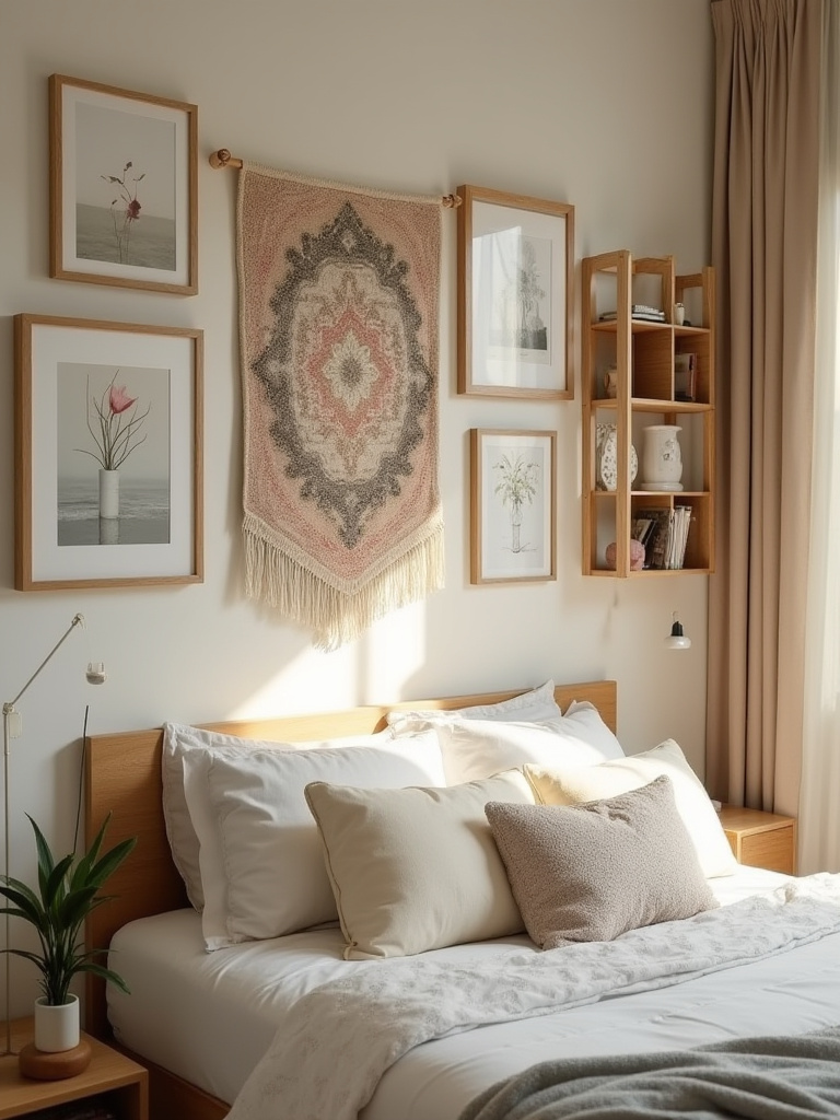 A stylish bedroom wall featuring various interchangeable decor elements including art prints and shelves.