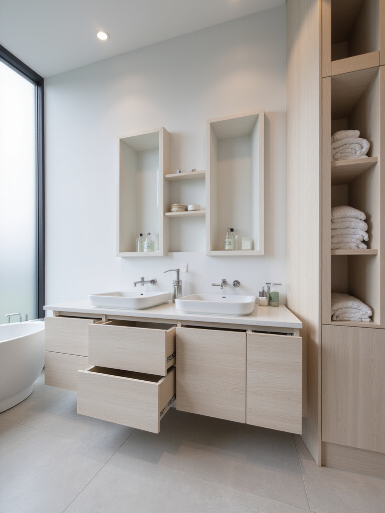 Modern bathroom with integrated storage solutions featuring recessed niches and floating vanity with concealed drawers