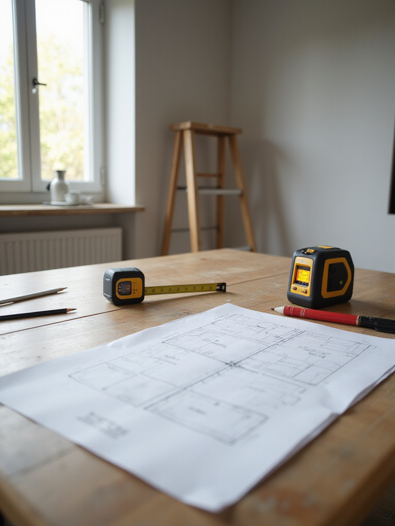 Professional kitchen workspace with measurement tools and detailed floor plan for custom cabinets