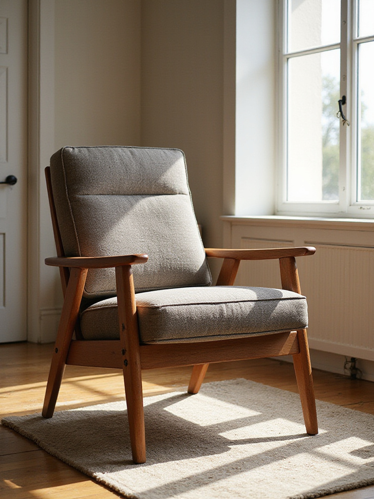 Close-up portrait of a durable living room chair with hardwood frame and high-quality upholstery in a well-lit modern living room