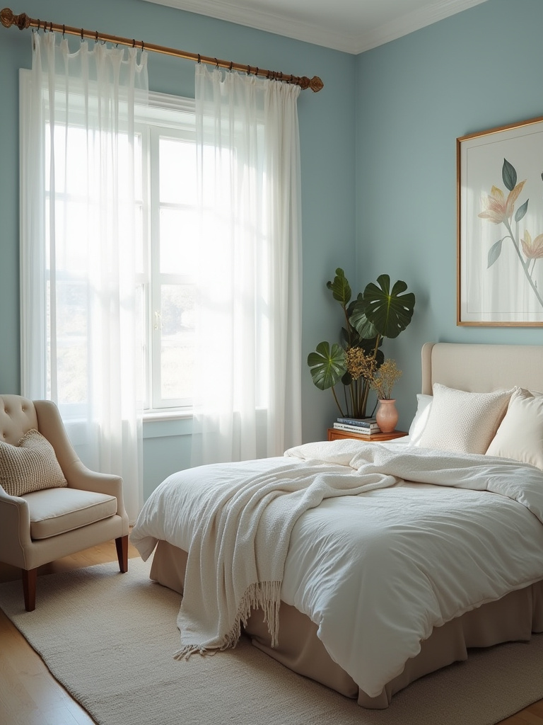A serene bedroom with soft blue walls, cozy bedding, and natural light, designed for relaxation and sleep.