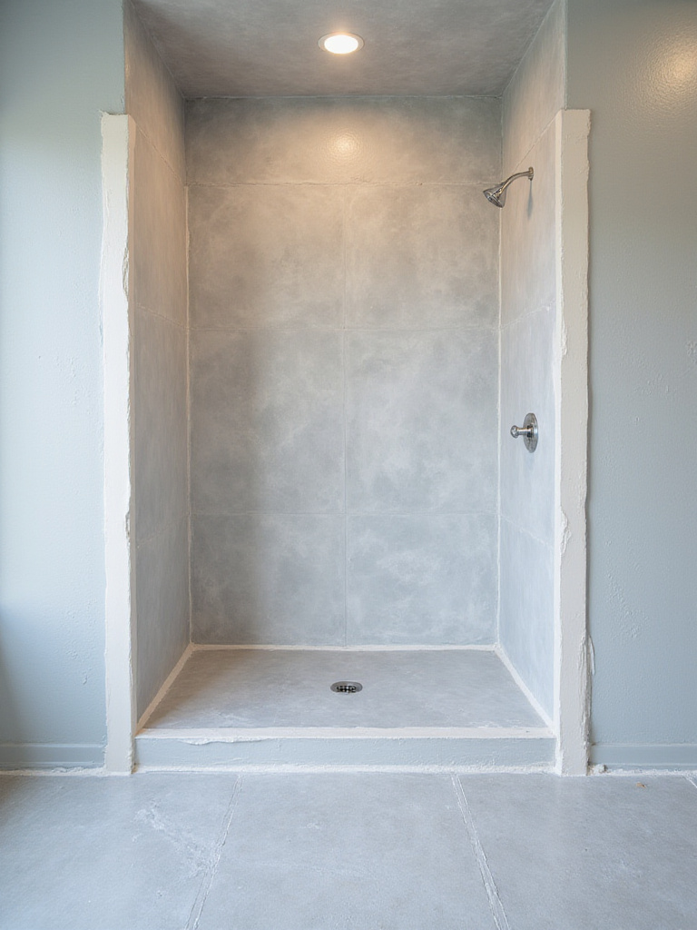 Modern bathroom shower area with freshly applied waterproofing membrane on walls and floor, showing seamless waterproofing application