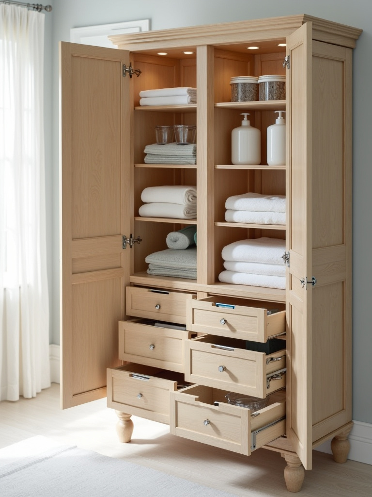 Open bathroom cabinet with optimized internal storage featuring pull-out drawers, tiered organizers, and labeled containers