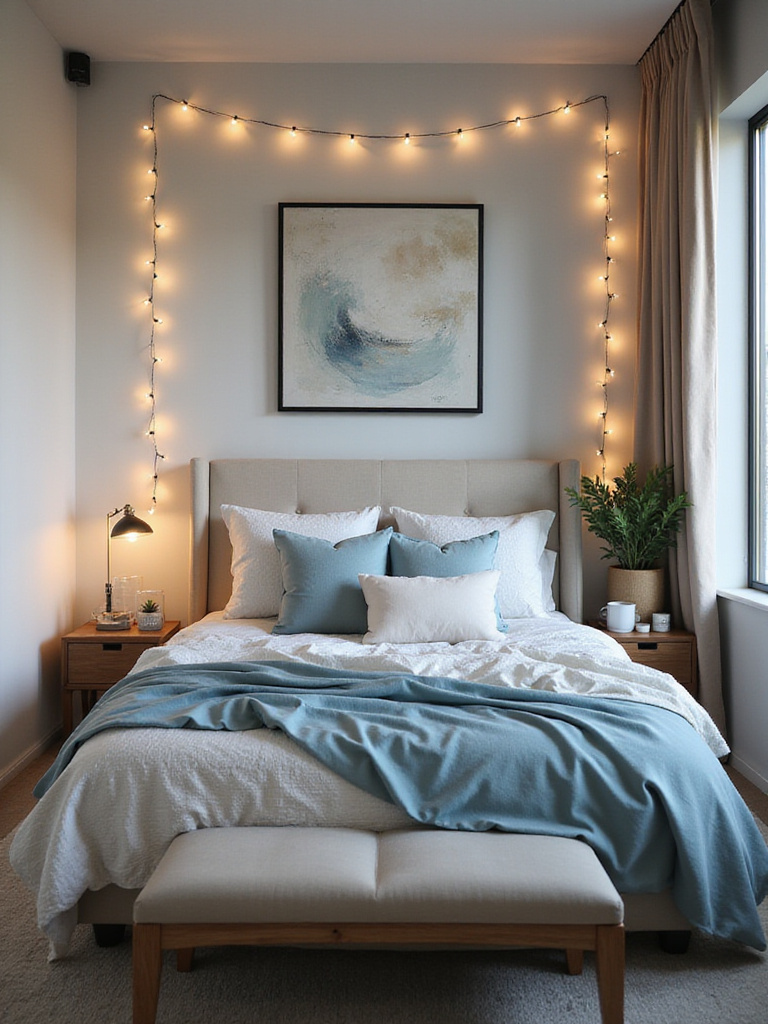 Personalized cozy apartment bedroom with calming colors and layered lighting creating a sleep sanctuary