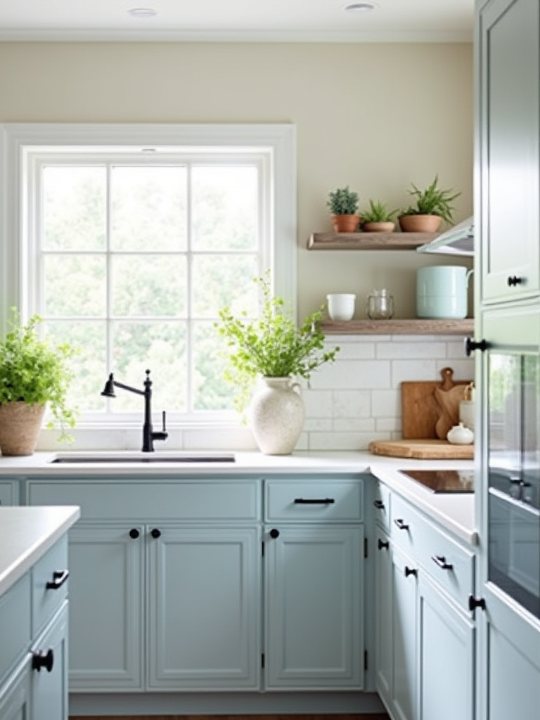 Freshly painted cabinetry in a modern kitchen with natural light.