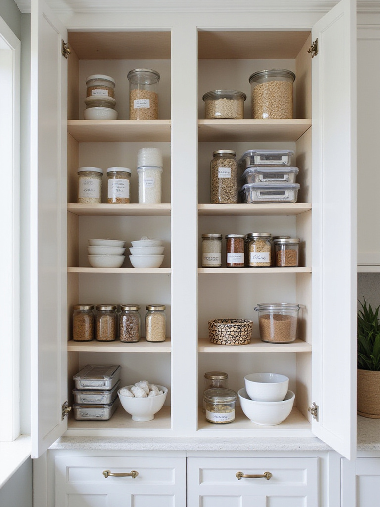 Organized kitchen cabinet with clear containers and labeled jars showcasing decluttered and efficiently arranged storage