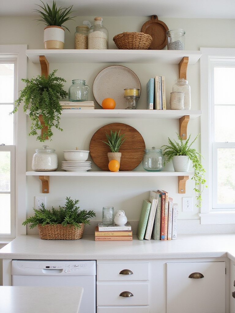 Styled kitchen shelf with seasonal decor changes for spring, summer, fall, and winter.